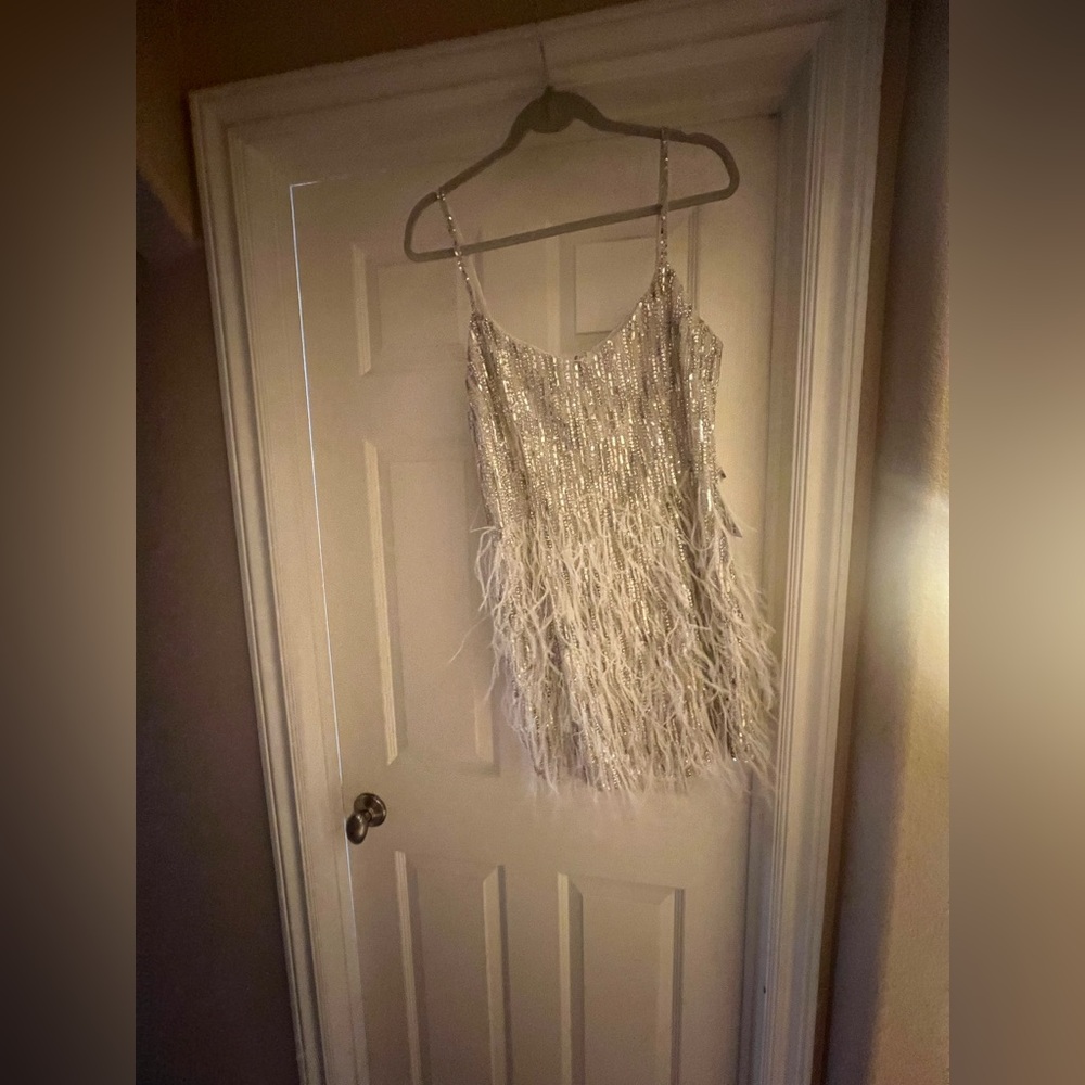 White & silver Sequin and Feather Dress - Picture 10 of 11